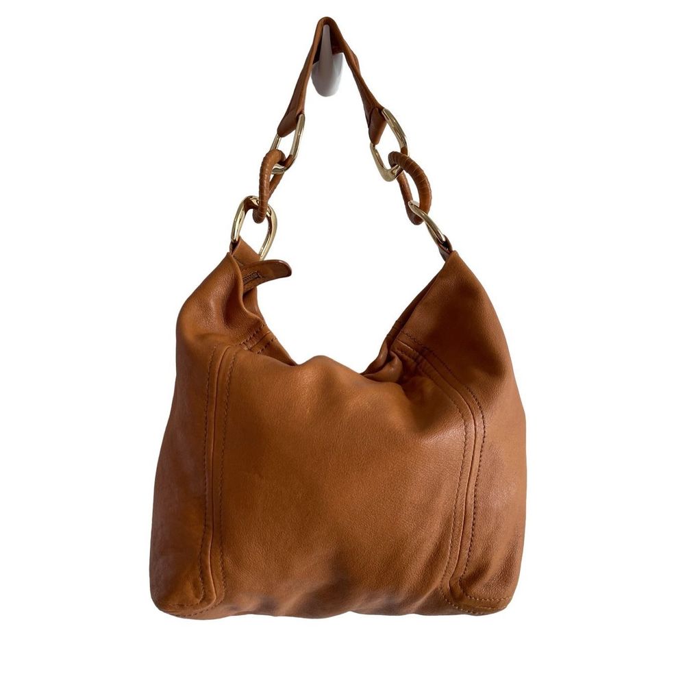 Michael Kors tan leather hobo purse oversized gold interlocking hardware ladies